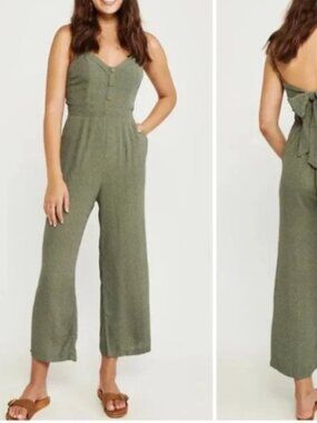 Abercrombie & Fitch Green Polka Dot Wide Leg Cropped Jumpsuit